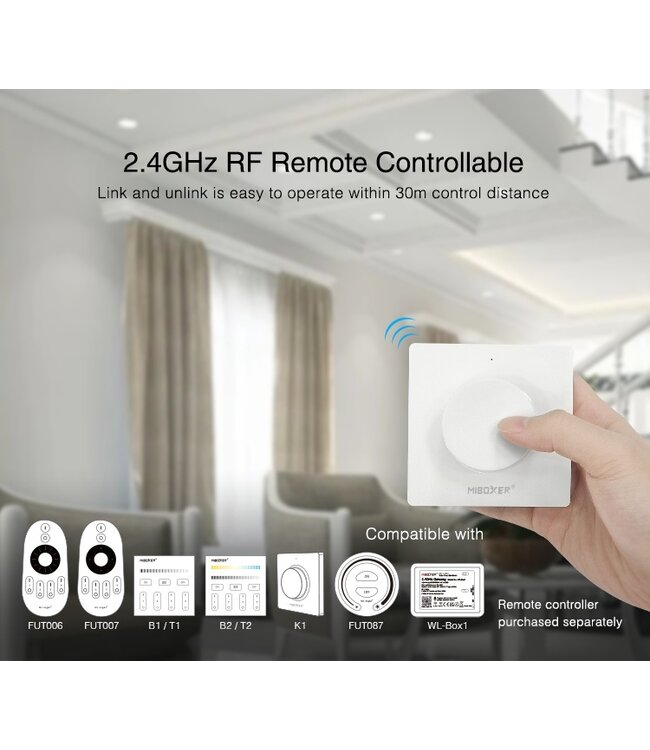 Miboxer Draadloze Triac LED Dimmer, Zigbee 3.0 + 2.4GHz, Max 300 watt