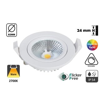 Inbouw LED Spot 5w Flat, 450 Lumen, 2700K, Kantelbaar, IP44, Dimbaar, CRI90, Wit Armatuur, Gatmaat 72mm, 2 Jaar Garantie