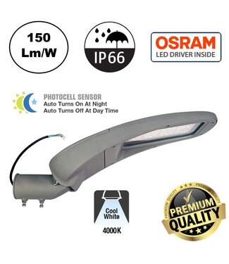 Premium Led Straatverlichting 60w, Met Daglichtsensor, 9000 Lm (150lm/w), 4000K Neutraal Wit, Osram LED Driver, IP66, IK10, 3 Jaar Garantie