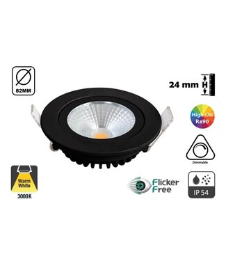 UITVERKOOP: Inbouw LED Spot 5w Flat, 450 Lumen, 3000K, Kantelbaar, IP44, Dimbaar, CRI90, Zwart Armatuur, Gatmaat 72mm