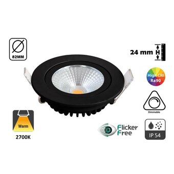 Inbouw LED Spot 5w Flat, 450 Lumen, 2700K, Kantelbaar, IP44, Dimbaar, CRI90, Zwart Armatuur, Gatmaat 72mm, 2 Jaar Garantie