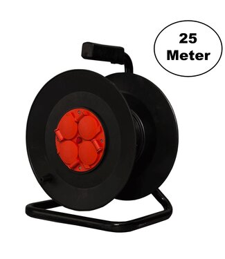 Kabelhaspel 25 meter + 4x Schuko| 16A | 220-240VAC | Zwart/Rood