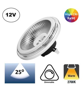 G53 AR111, 10w, 670 Lumen, 12V Ac/Dc, 2700K Warm Wit, 25°, CRI90, Dimbaar, 3 Jaar Garantie