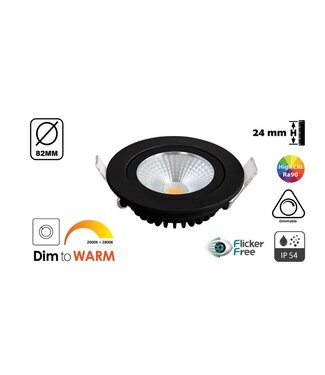 Inbouw LED Spot 5w Flat, 450 Lumen, Dim To Warm, Kantelbaar, IP44, Dimbaar, CRI90, Zwart Armatuur, Gatmaat 72mm, 2 Jaar Garantie