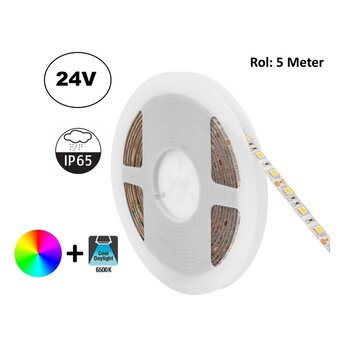 UITVERKOOP: Led Strip ROL 5 Meter 5050SMD, 13w/m, 60 led/m, 480Lm/m, RGB+6500K, 24v, IP65, 10mm