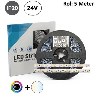 Led Strip ROL 5 Meter 5050SMD, 12w/m, 60 led/m, RGB+CCT (3000K-6500K), 24v, IP20, 12mm, 2 Jaar garantie