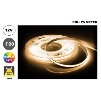 Led Strip ROL 25 Meter COB, 8w/m, 320 led/m, 680Lm/m, 3000K Warm wit, CRI90, 12v, IP33, 8mm, 2 Jaar garantie