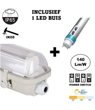 Complete LED TL Armatuur 60cm 6/9/12W, CCT Switch 3000K/4000K/6000K, 840-1680 Lumen (140Lm/w), IP65, Incl. 1x led buis, 3 Jaar garantie