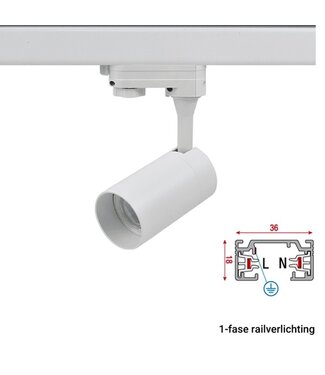 1 Fase Rail armatuur met GU10 Fitting Kort Verdiept, Witkleurige behuizing