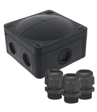 Kabeldoos ZWART | 95x95x60mm | 8x invoer | INCL. 3x M20 Wartel | IP66