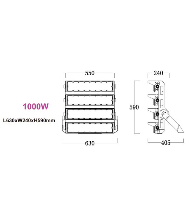 LED Terreinverlichting 1000w, 170000 Lumen (170lm/w), 5000K Puur Wit, IP66, PH Driver, 5 Jaar Garantie