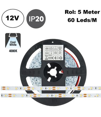 ECO Led Strip ROL 5 Meter 2835SMD, 4,8w/m, 60 led/m, 540Lm/m, 4000K Neutraal wit, 12v, IP20, 8mm, 2 Jaar garantie