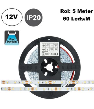 ECO Led Strip ROL 5 Meter 2835SMD, 4,8w/m, 60 led/m, 540Lm/m, 6500K Daglicht wit, 12v, IP20, 8mm, 2 Jaar garantie