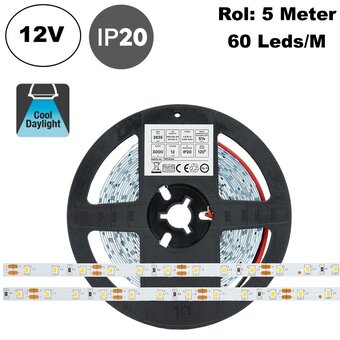 ECO Led Strip ROL 5 Meter 2835SMD, 4,8w/m, 60 led/m, 540Lm/m, 6500K Daglicht wit, 12v, IP20, 8mm, 2 Jaar garantie