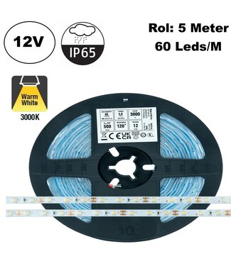 ECO Led Strip ROL 5 Meter 2835SMD, 4,8w/m, 60 led/m, 500Lm/m, 3000K Warm wit, 12v, IP65HS, 8mm, 2 Jaar garantie