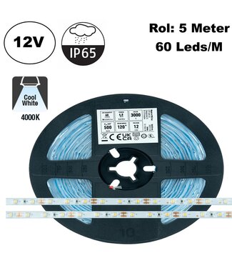 ECO Led Strip ROL 5 Meter 2835SMD, 4,8w/m, 60 led/m, 520Lm/m, 4000K Neutraal wit, 12v, IP65HS, 8mm, 2 Jaar garantie
