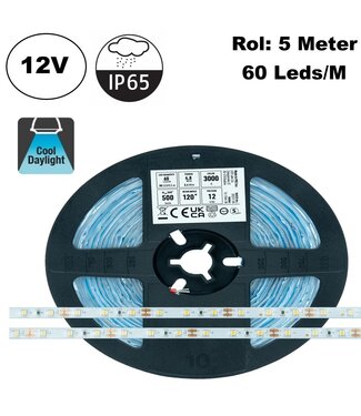 ECO Led Strip ROL 5 Meter 2835SMD, 4,8w/m, 60 led/m, 520Lm/m, 6500K Daglicht wit, 12v, IP65HS, 8mm, 2 Jaar garantie