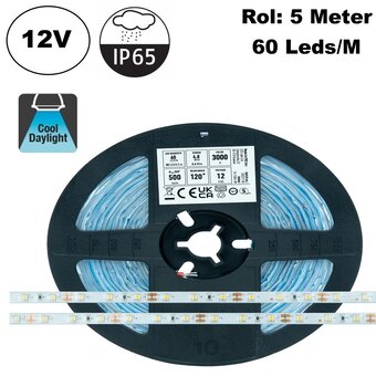 ECO Led Strip ROL 5 Meter 2835SMD, 4,8w/m, 60 led/m, 520Lm/m, 6500K Daglicht wit, 12v, IP65HS, 8mm, 2 Jaar garantie