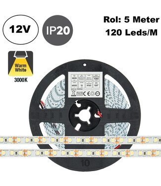 ECO Led Strip ROL 5 Meter 2835SMD, 9,6w/m, 120 led/m, 1028Lm/m, 3000K Warm wit, 12v, IP20, 8mm, 2 Jaar garantie