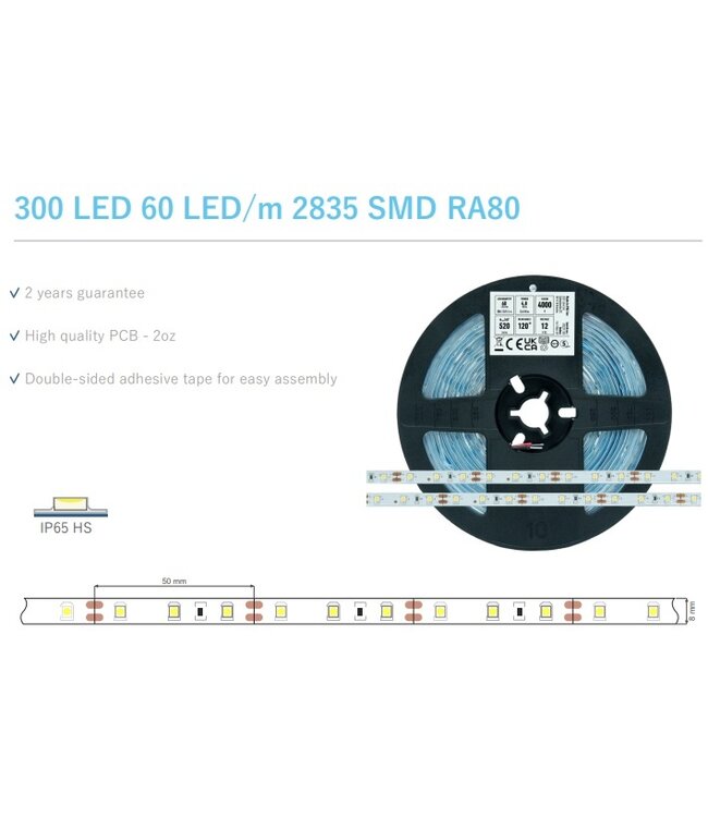 ECO Led Strip ROL 5 Meter 2835SMD, 4,8w/m, 60 led/m, 520Lm/m, 4000K Neutraal wit, 12v, IP65HS, 8mm, 2 Jaar garantie