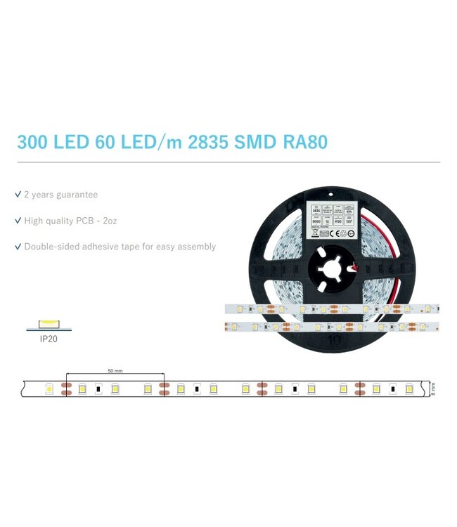 ECO Led Strip ROL 5 Meter 2835SMD, 4,8w/m, 60 led/m, 540Lm/m, 6500K Daglicht wit, 12v, IP20, 8mm, 2 Jaar garantie