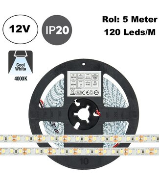 ECO Led Strip ROL 5 Meter 2835SMD, 9,6w/m, 120 led/m, 1080Lm/m, 4000K Neutraal wit, 12v, IP20, 8mm, 2 Jaar garantie