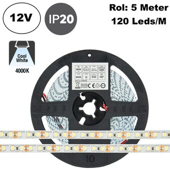 ECO Led Strip ROL 5 Meter 2835SMD, 9,6w/m, 120 led/m, 1080Lm/m, 4000K Neutraal wit, 12v, IP20, 8mm, 2 Jaar garantie