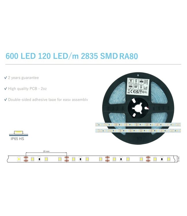 ECO Led Strip ROL 5 Meter 2835SMD, 9,6w/m, 120 led/m, 1000Lm/m, 3000K Warm wit, 12v, IP65HS, 8mm, 2 Jaar garantie