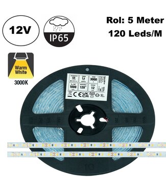 ECO Led Strip ROL 5 Meter 2835SMD, 9,6w/m, 120 led/m, 1000Lm/m, 3000K Warm wit, 12v, IP65HS, 8mm, 2 Jaar garantie