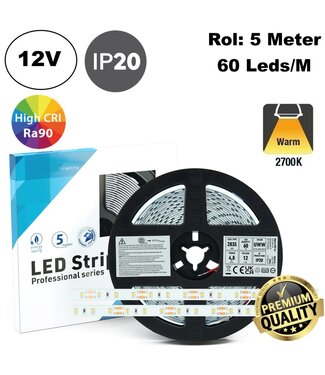Premium Led Strip ROL 5 Meter 2835SMD, CRI90, 4,8w/m, 60 led/m, 395Lm/m, 2700K Warm wit, 12v, IP20, 10mm, 3 Jaar garantie
