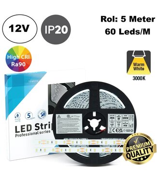 Premium Led Strip ROL 5 Meter 2835SMD, CRI90, 4,8w/m, 60 led/m, 430Lm/m, 3000K Warm wit, 12v, IP20, 10mm, 3 Jaar garantie