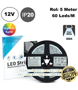 Premium Led Strip ROL 5 Meter 2835SMD, CRI90, 4,8w/m, 60 led/m, 432Lm/m, 4000K Neutraal wit, 12v, IP20, 10mm, 3 Jaar garantie
