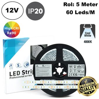 Premium Led Strip ROL 5 Meter 2835SMD, CRI90, 4,8w/m, 60 led/m, 432Lm/m, 4000K Neutraal wit, 12v, IP20, 10mm, 3 Jaar garantie