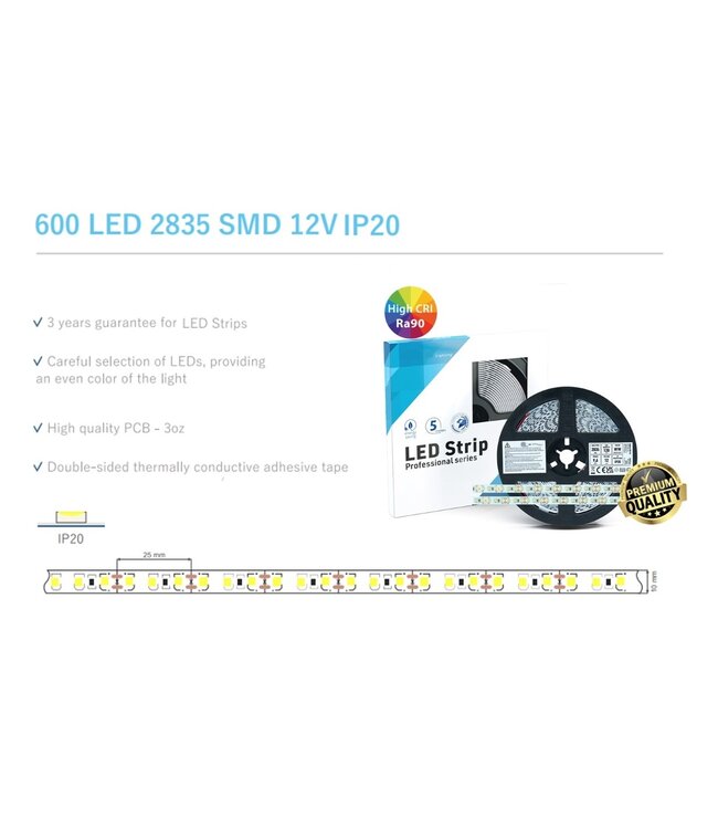 Premium Led Strip ROL 5 Meter 2835SMD, CRI90, 9,6w/m, 120 led/m, 800Lm/m, 2700K Warm wit, 12v, IP20, 10mm, 3 Jaar garantie