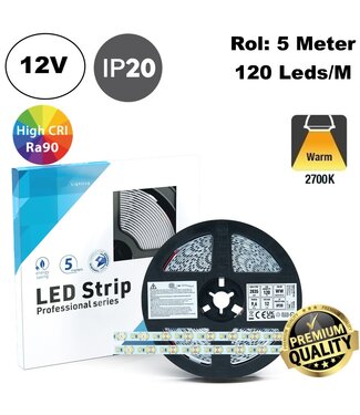 Premium Led Strip ROL 5 Meter 2835SMD, CRI90, 9,6w/m, 120 led/m, 800Lm/m, 2700K Warm wit, 12v, IP20, 10mm, 3 Jaar garantie