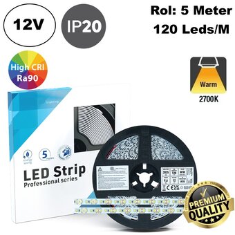 Premium Led Strip ROL 5 Meter 2835SMD, CRI90, 9,6w/m, 120 led/m, 800Lm/m, 2700K Warm wit, 12v, IP20, 10mm, 3 Jaar garantie