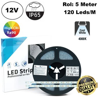 Premium Led Strip ROL 5 Meter 2835SMD, CRI90, 9,6w/m, 120 led/m, 864Lm/m, 4000K Neutraal wit, 12v, IP65HS, 10mm, 3 Jaar garantie