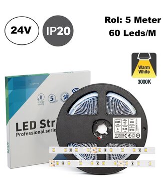 ECO Led Strip ROL 5 Meter 2835SMD, 6w/m, 60 led/m, 650Lm/m, 3000K Warm wit, 24v, IP20, 8mm, 2 Jaar garantie