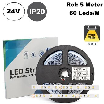 ECO Led Strip ROL 5 Meter 2835SMD, 6w/m, 60 led/m, 650Lm/m, 3000K Warm wit, 24v, IP20, 8mm, 2 Jaar garantie