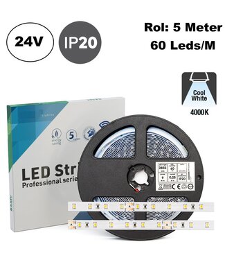 ECO Led Strip ROL 5 Meter 2835SMD, 6w/m, 60 led/m, 650Lm/m, 4000K Neutraal wit, 24v, IP20, 8mm, 2 Jaar garantie