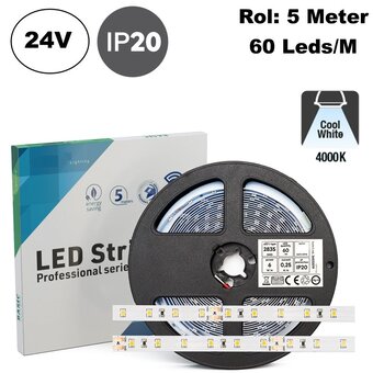 ECO Led Strip ROL 5 Meter 2835SMD, 6w/m, 60 led/m, 650Lm/m, 4000K Neutraal wit, 24v, IP20, 8mm, 2 Jaar garantie