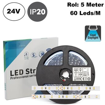 ECO Led Strip ROL 5 Meter 2835SMD, 6w/m, 60 led/m, 657Lm/m, 6500K Daglicht wit, 24v, IP20, 8mm, 2 Jaar garantie
