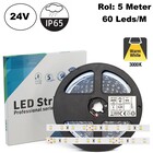 ECO Led Strip ROL 5 Meter 2835SMD, 6w/m, 60 led/m, 630Lm/m, 3000K Warm wit, 24v, IP65HS, 8mm, 2 Jaar garantie