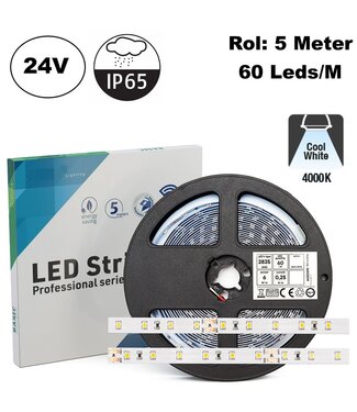 ECO Led Strip ROL 5 Meter 2835SMD, 6w/m, 60 led/m, 630Lm/m, 4000K Neutraal wit, 24v, IP65HS, 8mm, 2 Jaar garantie