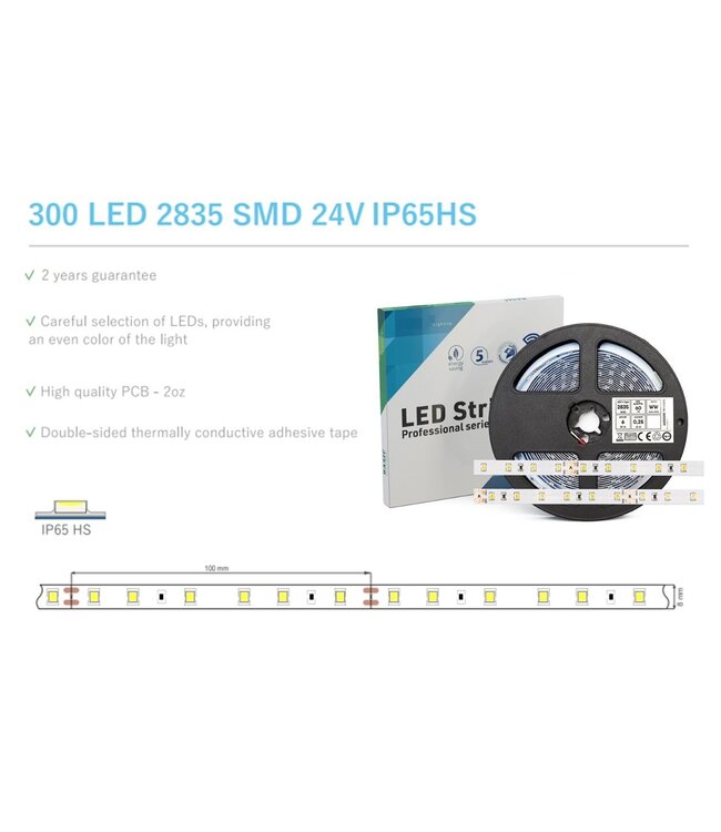 ECO Led Strip ROL 5 Meter 2835SMD, 6w/m, 60 led/m, 617Lm/m, 6500K Daglicht wit, 24v, IP65HS, 8mm, 2 Jaar garantie