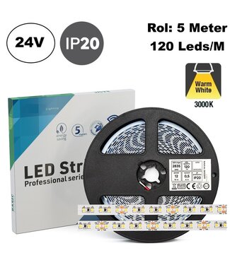ECO Led Strip ROL 5 Meter 2835SMD, 12w/m, 120 led/m, 1350Lm/m, 3000K Warm wit, 24v, IP20, 8mm, 2 Jaar garantie