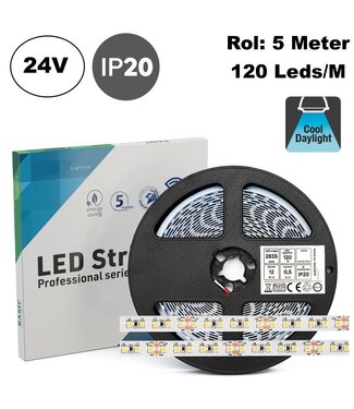 ECO Led Strip ROL 5 Meter 2835SMD, 12w/m, 120 led/m, 1269Lm/m, 6500K Daglicht wit, 24v, IP20, 8mm, 2 Jaar garantie