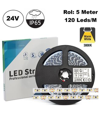 ECO Led Strip ROL 5 Meter 2835SMD, 12w/m, 120 led/m, 1300Lm/m, 3000K Warm wit, 24v, IP65HS, 8mm, 2 Jaar garantie