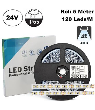 ECO Led Strip ROL 5 Meter 2835SMD, 12w/m, 120 led/m, 1300Lm/m, 4000K Neutraal wit, 24v, IP65HS, 8mm, 2 Jaar garantie