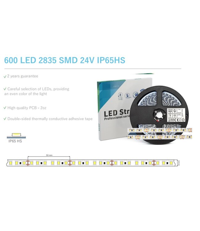 ECO Led Strip ROL 5 Meter 2835SMD, 12w/m, 120 led/m, 1300Lm/m, 6500K Daglicht wit, 24v, IP65HS, 8mm, 2 Jaar garantie